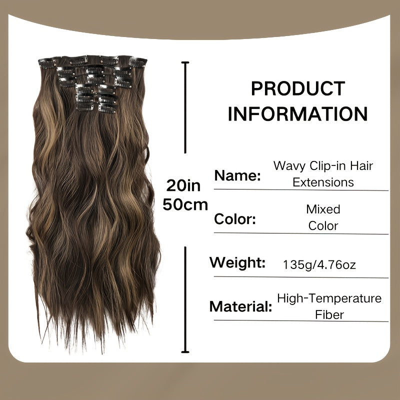 Heat Resistant Hair Extensions 50.8 cm Long Body Wave Ombre Color High Temperature Synthetic Fiber Clip in Hair Extensions 6pcs Set with 16 BB Clips for Women Daily Wear and Party