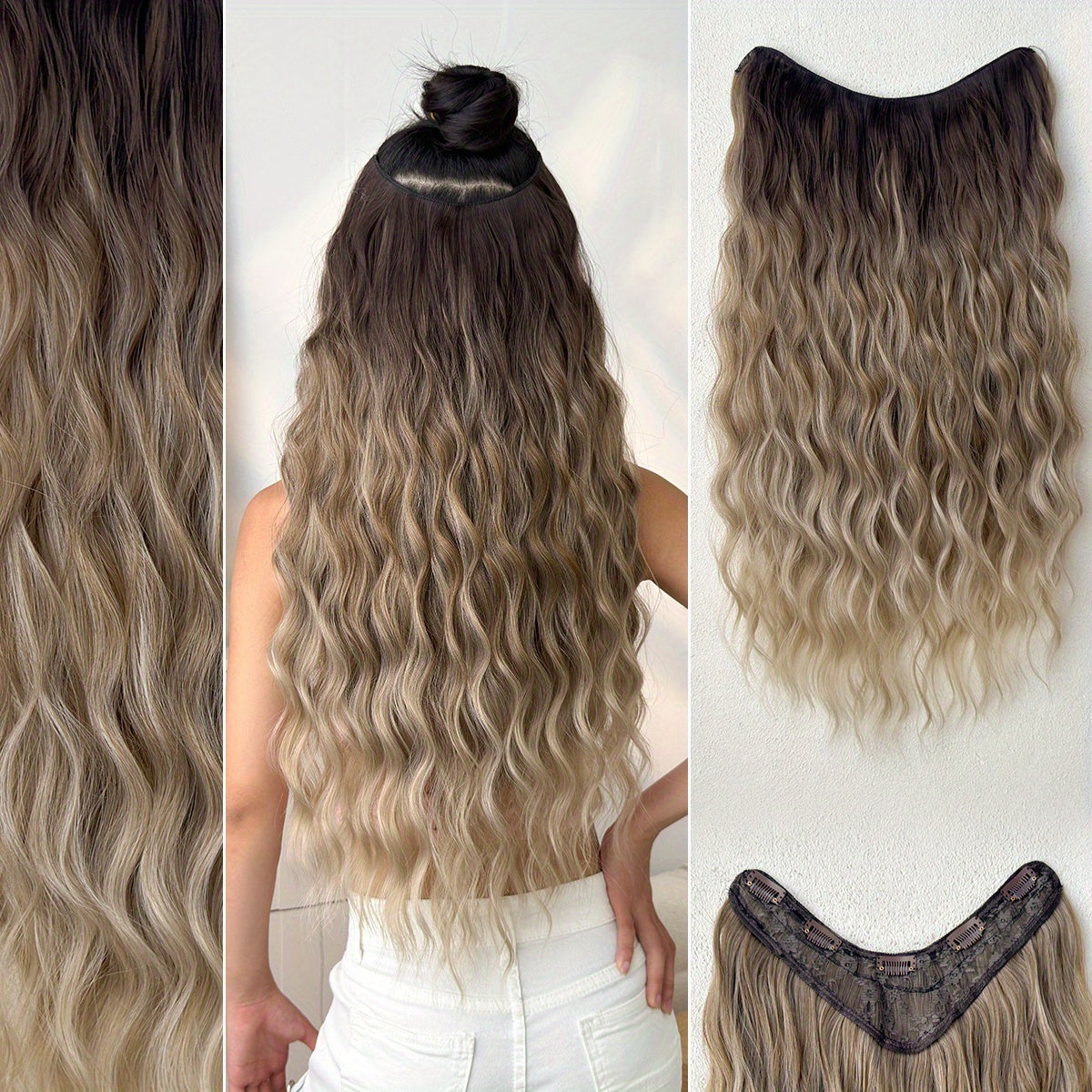 Clip-in Hair Extensions V-shaped Ombre Black Color 24 inch Long Water Wave Wavy Heat Resistant Fiber Synthetic Hairpiece for Women Girls Party Daily Use