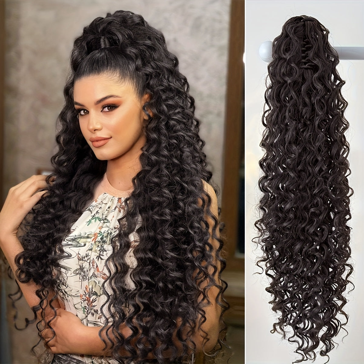 YUSULAXI 60.96cm Deep Wave Dark Brown Claw Clip Ponytail Extension - Heat-Resistant Synthetic Hair for Women, Long Curly Style, Perfect for Daily Use, Hair Accessories
