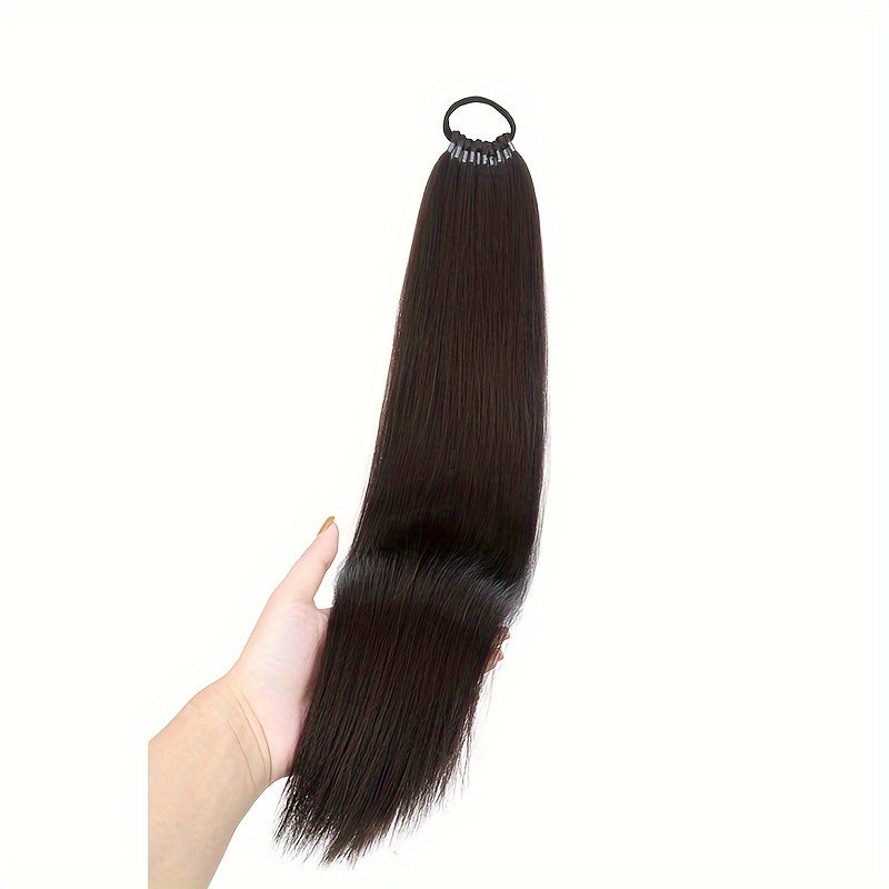Women's Yaki Straight Synthetic Ponytail Extension with Elastic Hair Tie - Versatile Basic Style Long Ponytail for All Hair Types, Ideal for Daily Wear and Special Occasions