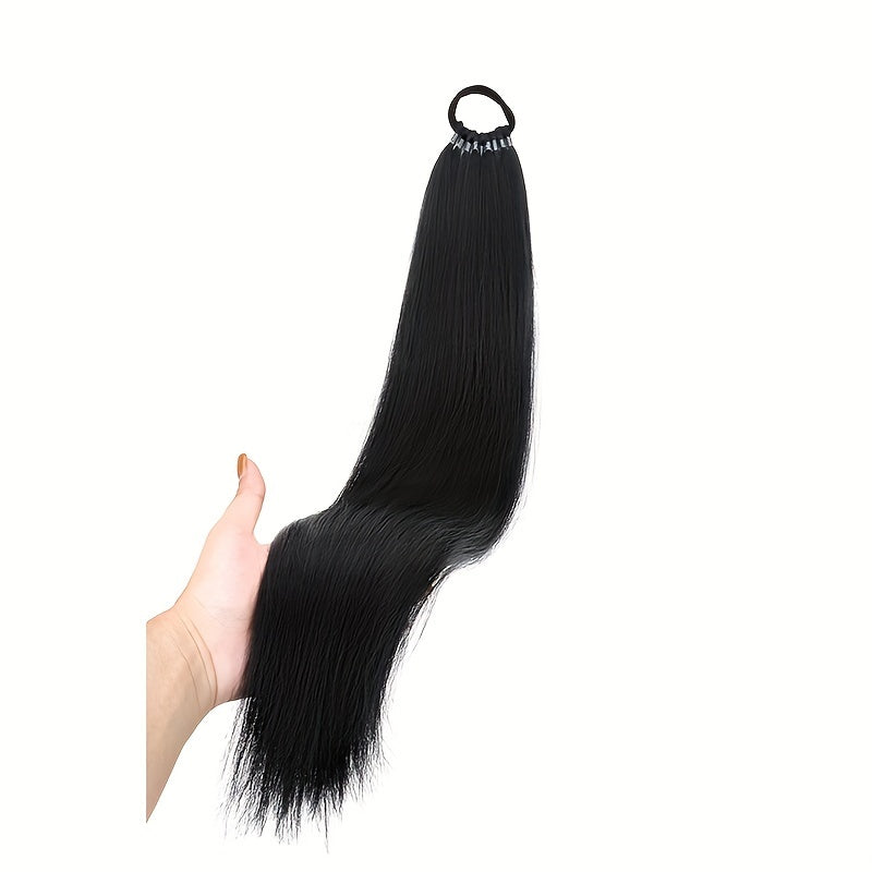 Women's Yaki Straight Synthetic Ponytail Extension with Elastic Hair Tie - Versatile Basic Style Long Ponytail for All Hair Types, Ideal for Daily Wear and Special Occasions