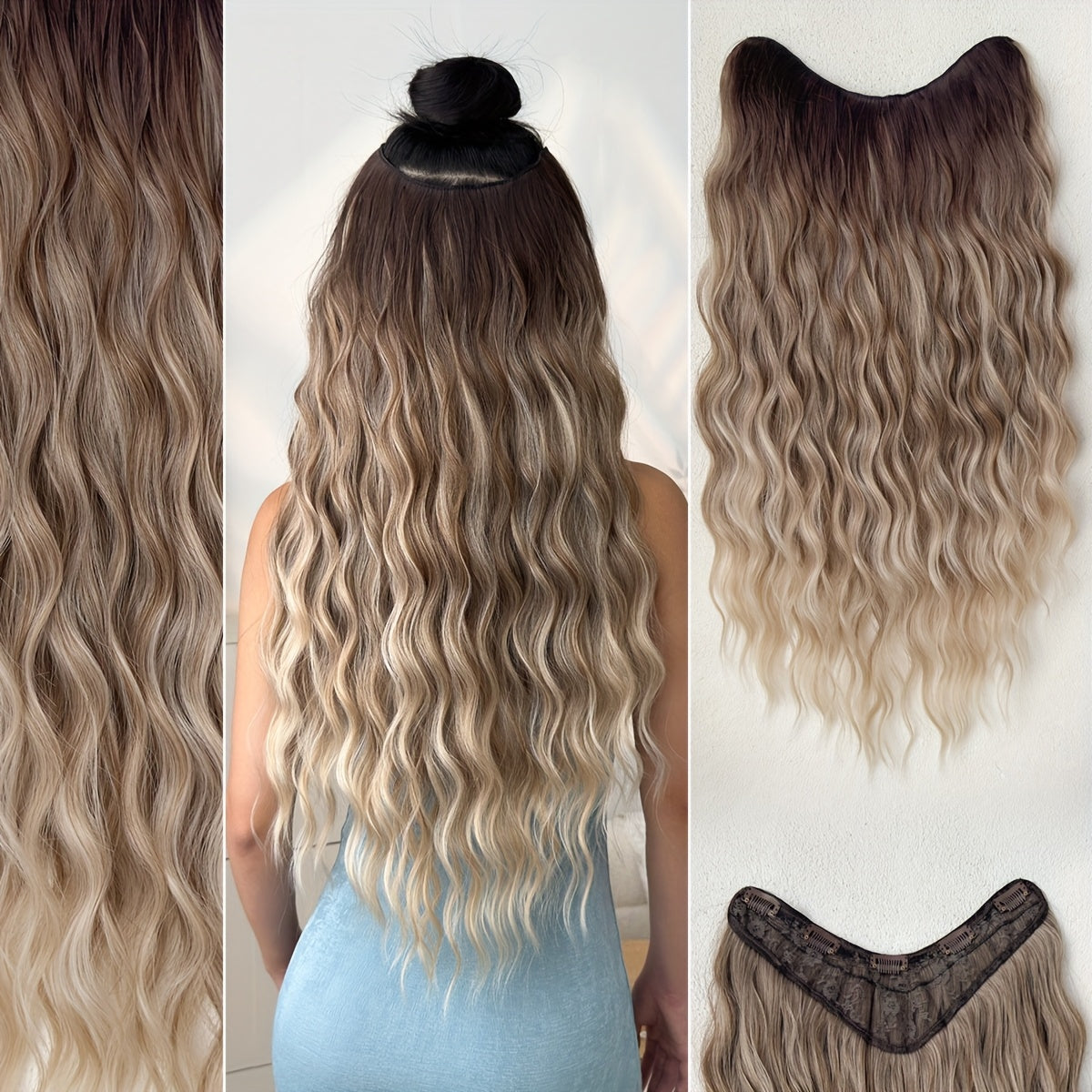 Clip-in Hair Extensions V-shaped Ombre Black Color 24 inch Long Water Wave Wavy Heat Resistant Fiber Synthetic Hairpiece for Women Girls Party Daily Use