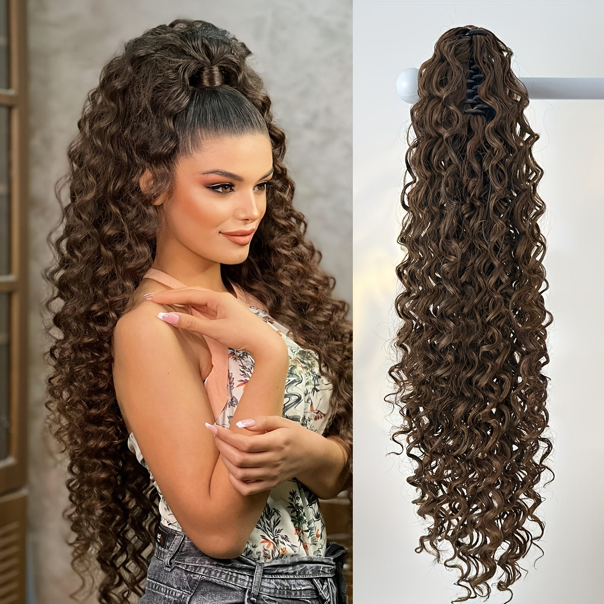 YUSULAXI 60.96cm Deep Wave Dark Brown Claw Clip Ponytail Extension - Heat-Resistant Synthetic Hair for Women, Long Curly Style, Perfect for Daily Use, Hair Accessories