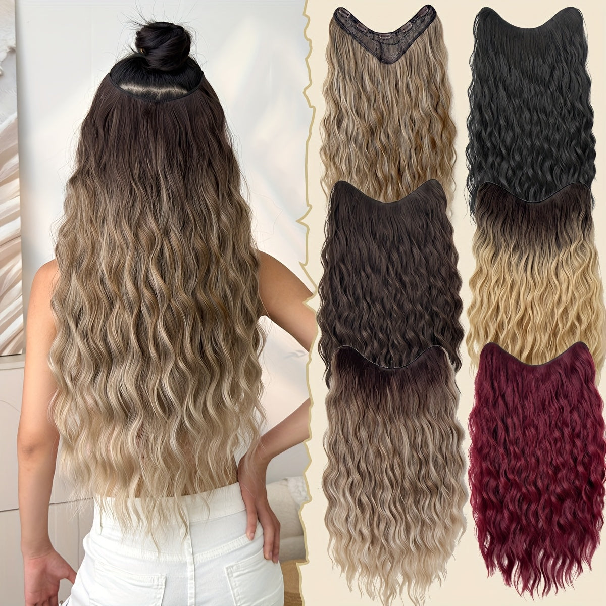 Clip-in Hair Extensions V-shaped Ombre Black Color 24 inch Long Water Wave Wavy Heat Resistant Fiber Synthetic Hairpiece for Women Girls Party Daily Use