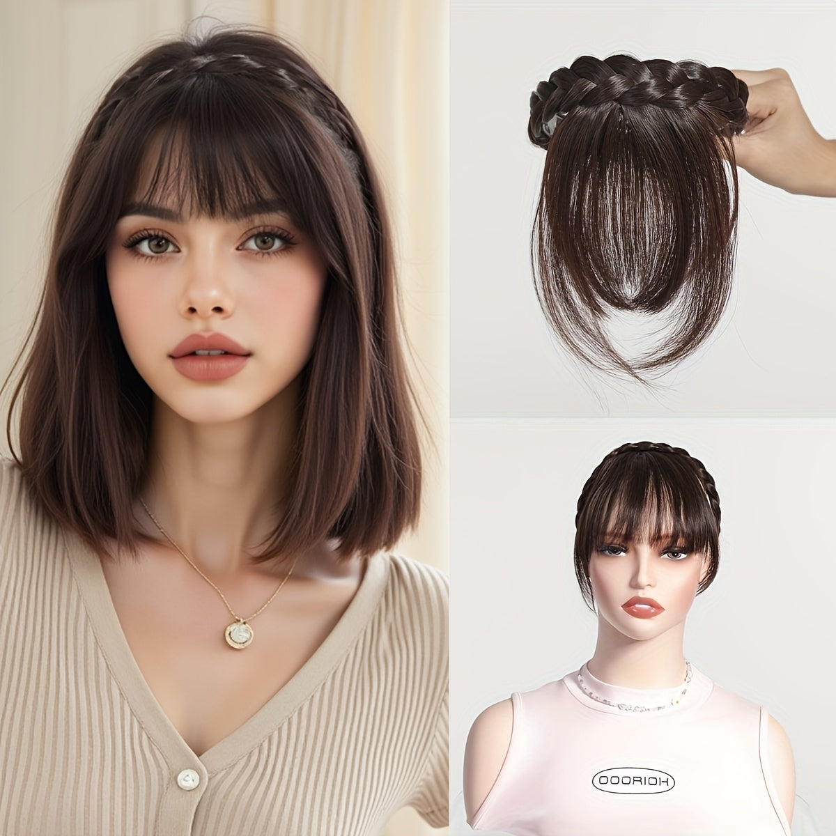 Elegant Synthetic Hair Braided Headband with Bangs - Straight Hair Extension for Women, Adjustable Hair Accessory for Styling and Volume, Hair Styling Tools, Secure Fit Design