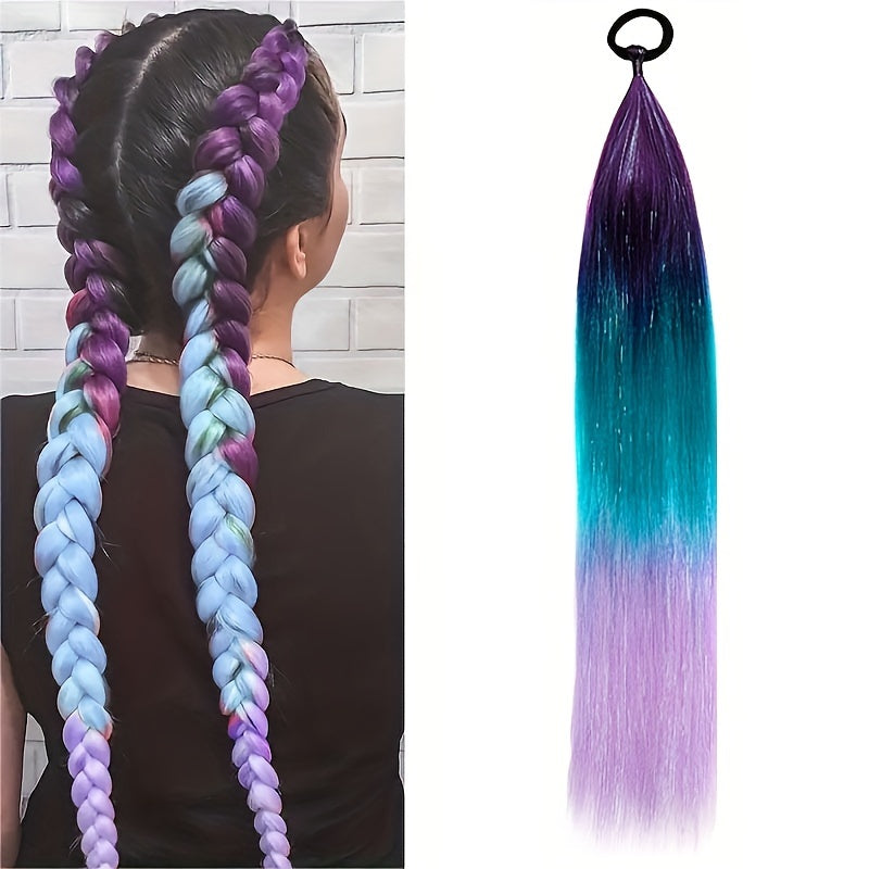 60.96cm Synthetic Braided Ponytail DIY Ombre Hair Extensions With Hair Tinsel Jumbo Ponytail Colorful Crazy Hair For Braiding Hair On Hair Tie Loose Tinsel Hair Extensions Hair Glitter Christmas, New Year And Holidays Can Wear COS For Music Festival