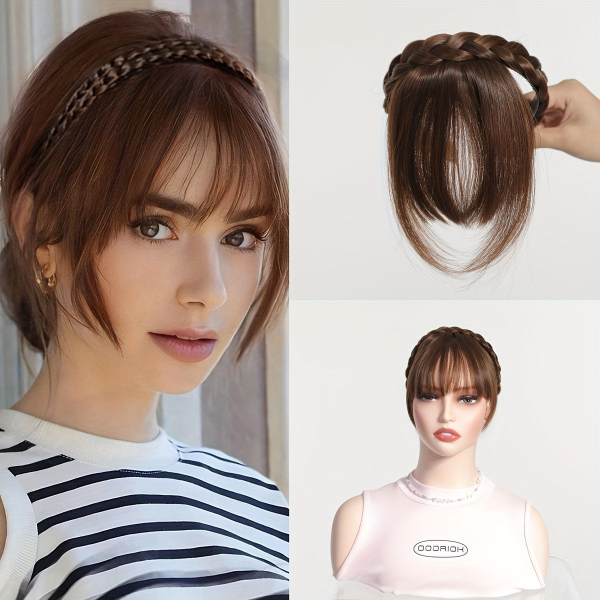 Elegant Synthetic Hair Braided Headband with Bangs - Straight Hair Extension for Women, Adjustable Hair Accessory for Styling and Volume, Hair Styling Tools, Secure Fit Design