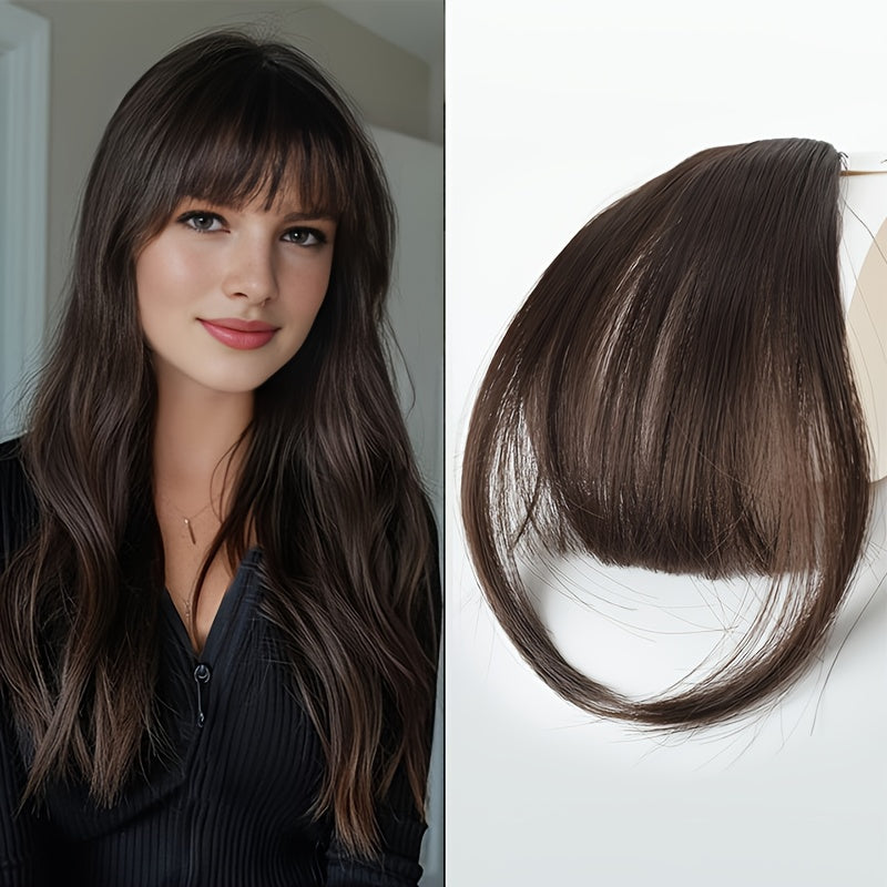 Elegant Synthetic Hair Extensions with Sideburns: One-Piece Fringe, Clip-In Bangs, Dark Brown, Suitable for Daily Use - Women's Hair Accessories