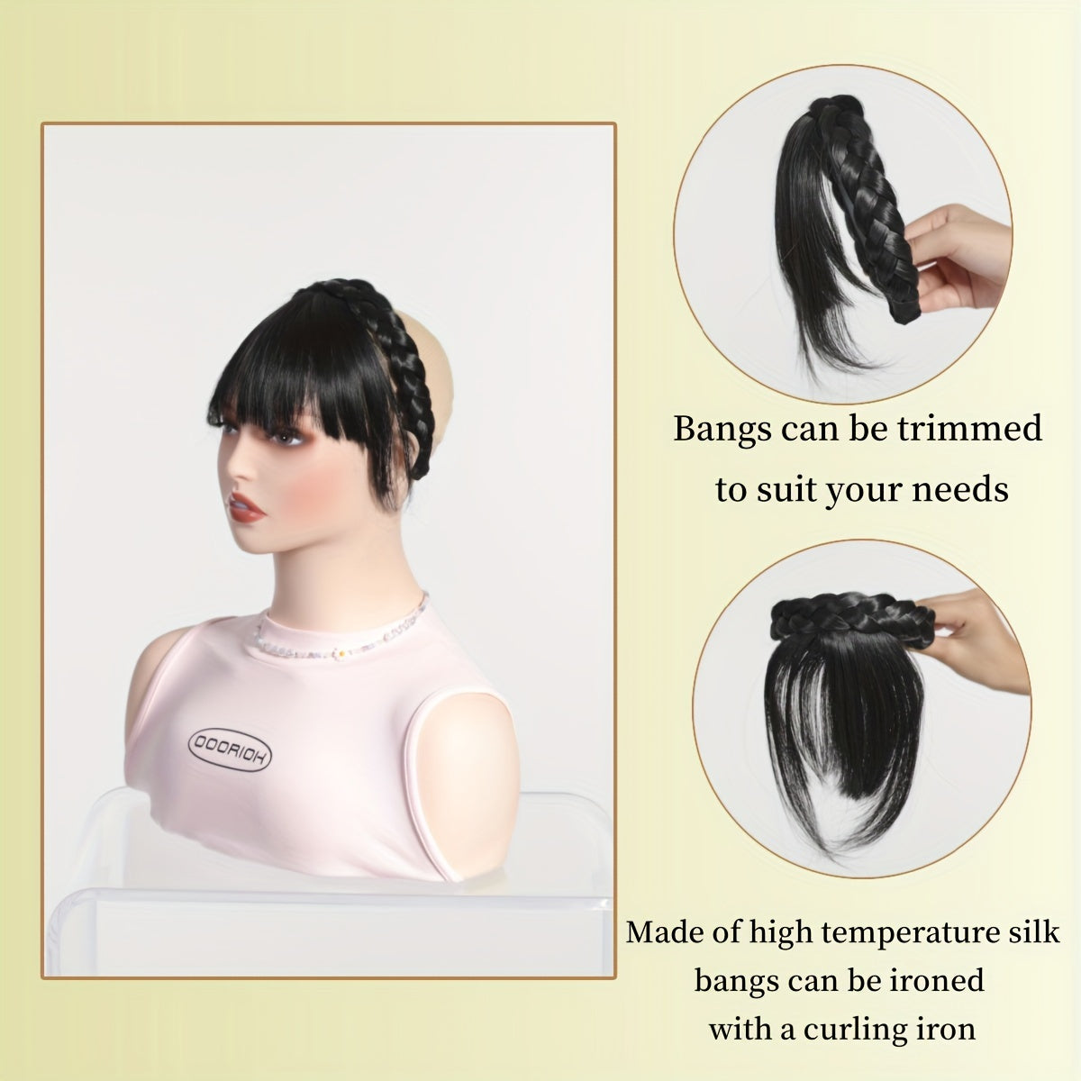 Elegant Synthetic Hair Braided Headband with Bangs - Straight Hair Extension for Women, Adjustable Hair Accessory for Styling and Volume, Hair Styling Tools, Secure Fit Design