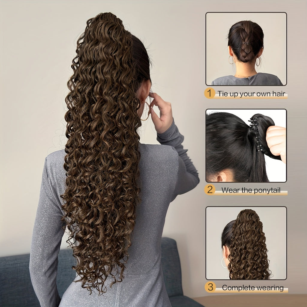 YUSULAXI 60.96cm Deep Wave Dark Brown Claw Clip Ponytail Extension - Heat-Resistant Synthetic Hair for Women, Long Curly Style, Perfect for Daily Use, Hair Accessories