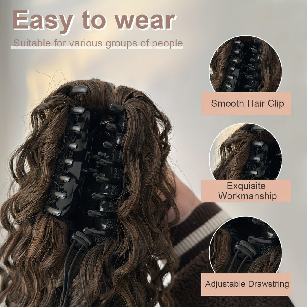 YUSULAXI 60.96cm Deep Wave Dark Brown Claw Clip Ponytail Extension - Heat-Resistant Synthetic Hair for Women, Long Curly Style, Perfect for Daily Use, Hair Accessories