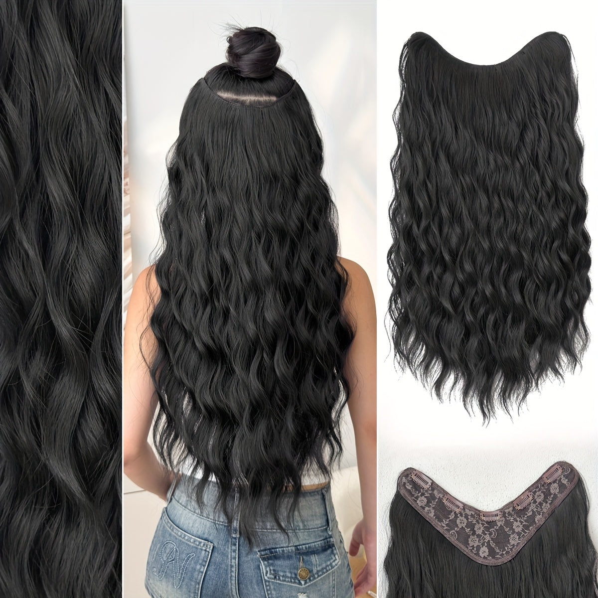 Clip-in Hair Extensions V-shaped Ombre Black Color 24 inch Long Water Wave Wavy Heat Resistant Fiber Synthetic Hairpiece for Women Girls Party Daily Use