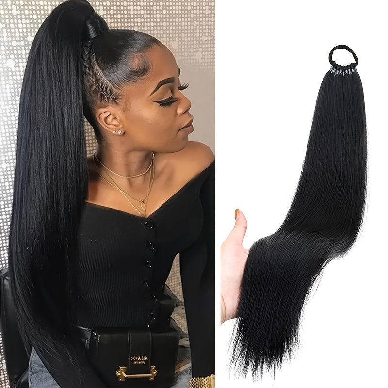 Women's Yaki Straight Synthetic Ponytail Extension with Elastic Hair Tie - Versatile Basic Style Long Ponytail for All Hair Types, Ideal for Daily Wear and Special Occasions