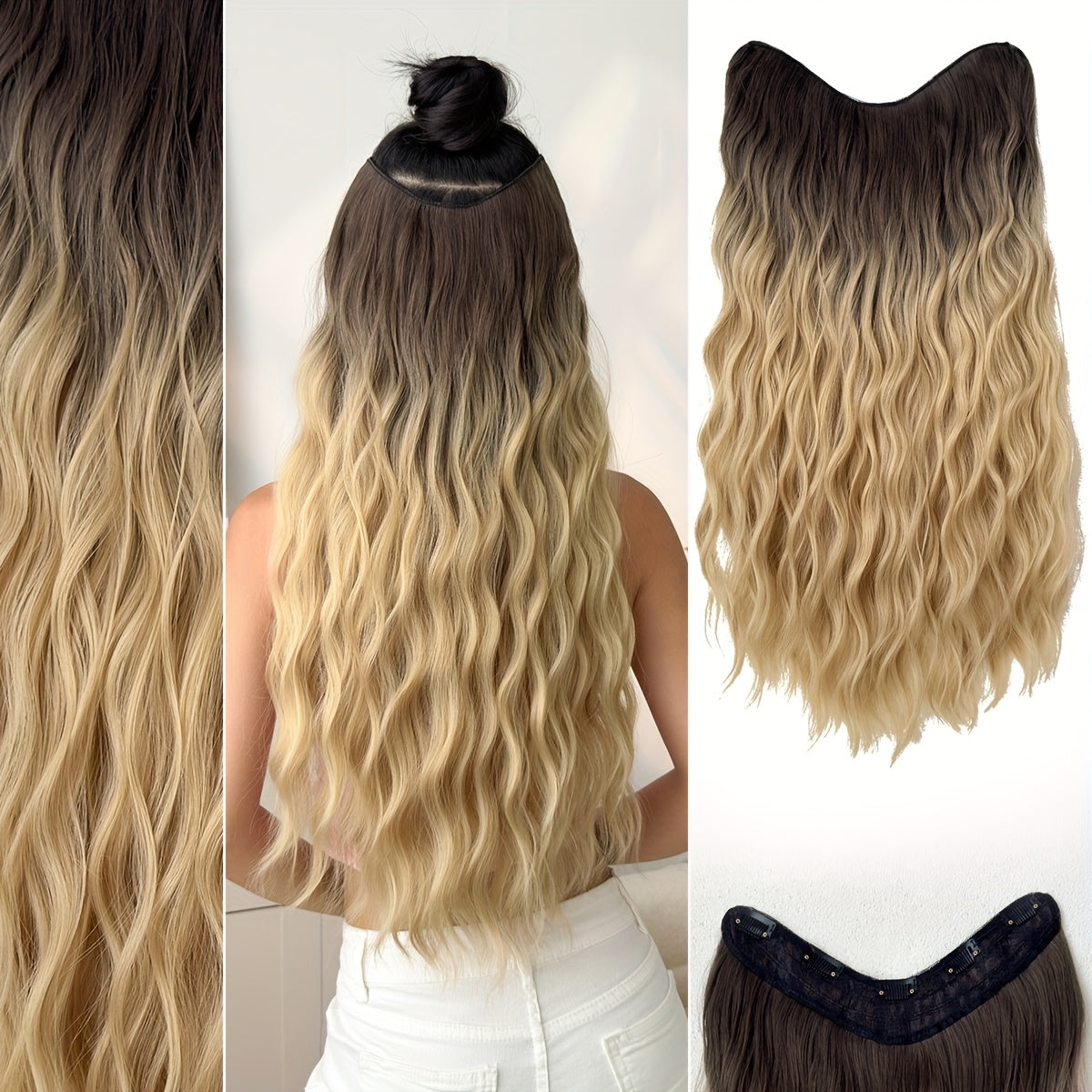 Clip-in Hair Extensions V-shaped Ombre Black Color 24 inch Long Water Wave Wavy Heat Resistant Fiber Synthetic Hairpiece for Women Girls Party Daily Use