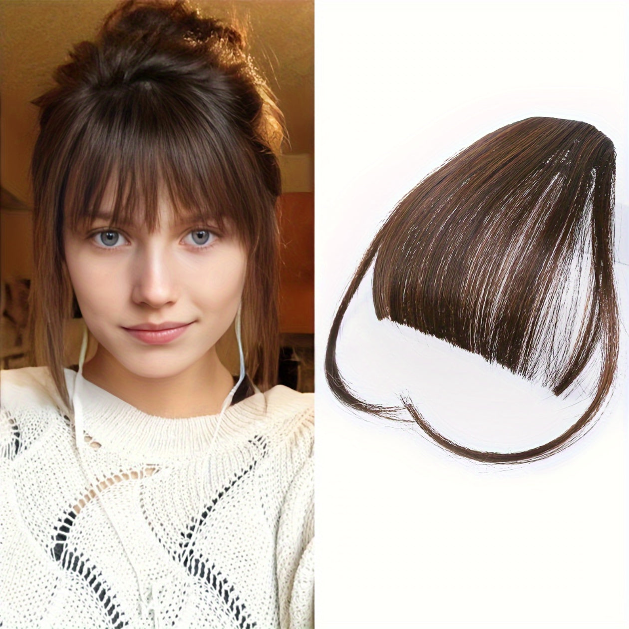 Elegant Synthetic Hair Extensions with Sideburns: One-Piece Fringe, Clip-In Bangs, Dark Brown, Suitable for Daily Use - Women's Hair Accessories