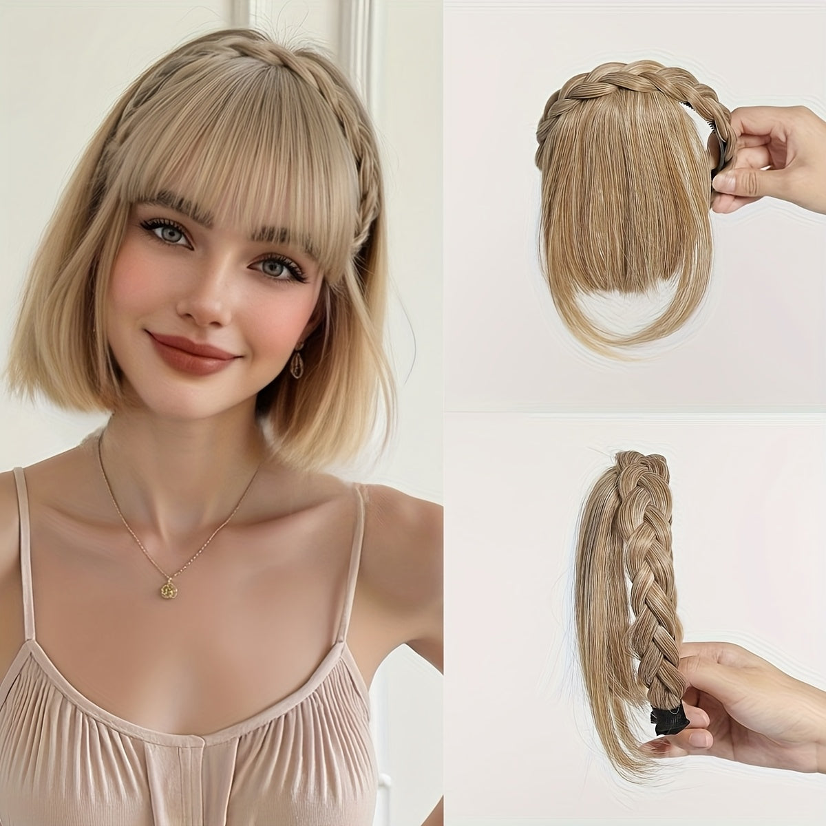 Elegant Synthetic Hair Braided Headband with Bangs - Straight Hair Extension for Women, Adjustable Hair Accessory for Styling and Volume, Hair Styling Tools, Secure Fit Design