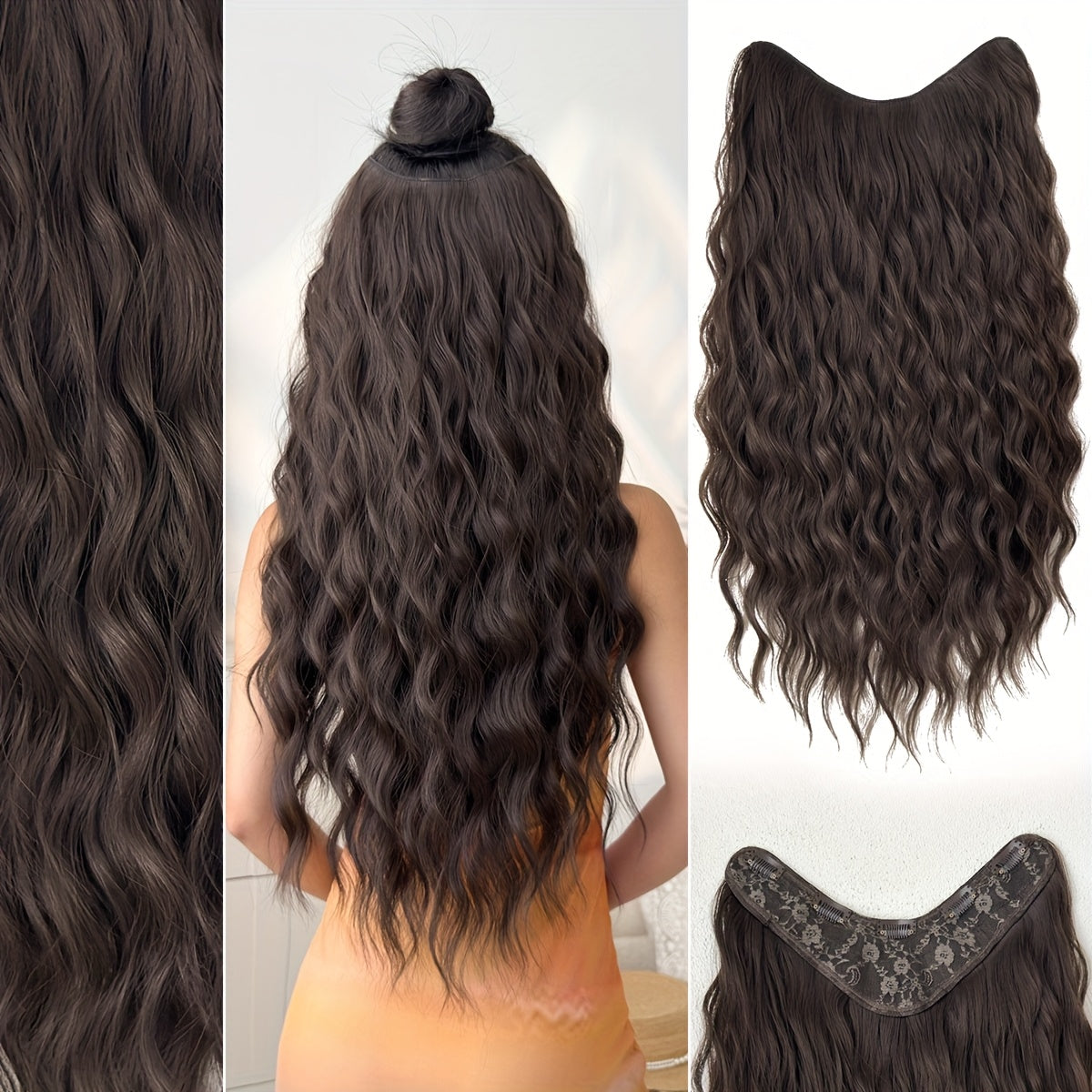 Clip-in Hair Extensions V-shaped Ombre Black Color 24 inch Long Water Wave Wavy Heat Resistant Fiber Synthetic Hairpiece for Women Girls Party Daily Use