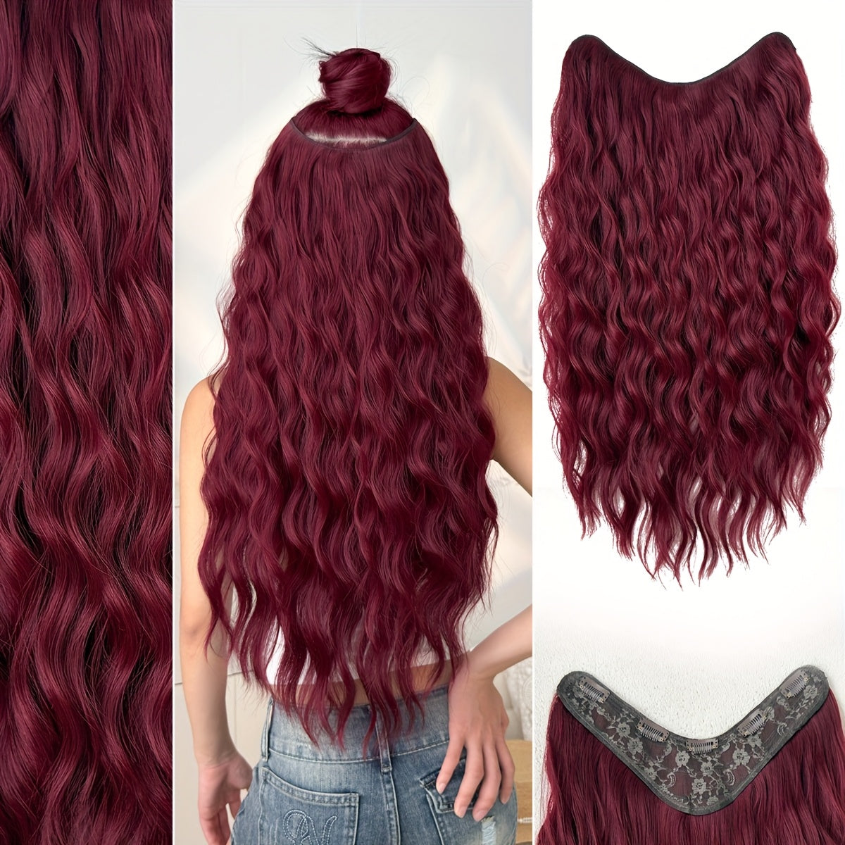 Clip-in Hair Extensions V-shaped Ombre Black Color 24 inch Long Water Wave Wavy Heat Resistant Fiber Synthetic Hairpiece for Women Girls Party Daily Use