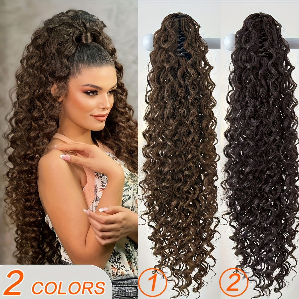 YUSULAXI 60.96cm Deep Wave Dark Brown Claw Clip Ponytail Extension - Heat-Resistant Synthetic Hair for Women, Long Curly Style, Perfect for Daily Use, Hair Accessories