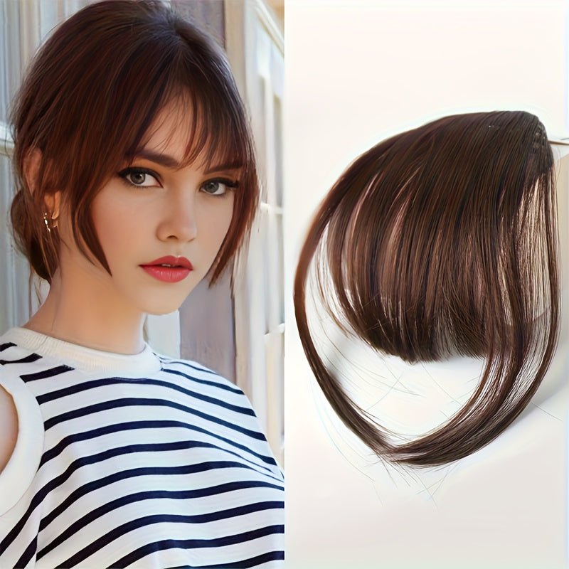 Elegant Synthetic Hair Extensions with Sideburns: One-Piece Fringe, Clip-In Bangs, Dark Brown, Suitable for Daily Use - Women's Hair Accessories