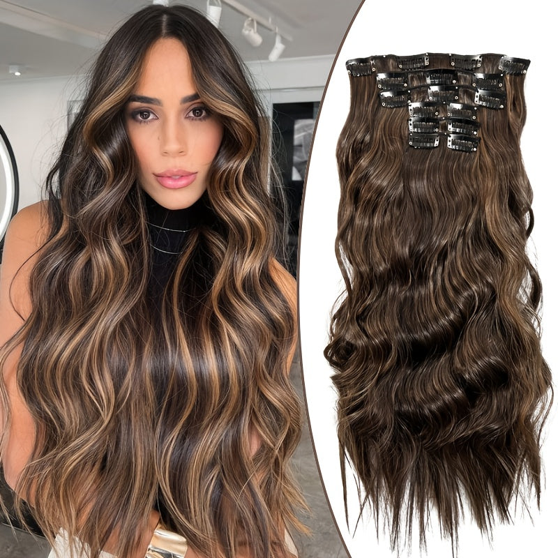 Heat Resistant Hair Extensions 50.8 cm Long Body Wave Ombre Color High Temperature Synthetic Fiber Clip in Hair Extensions 6pcs Set with 16 BB Clips for Women Daily Wear and Party