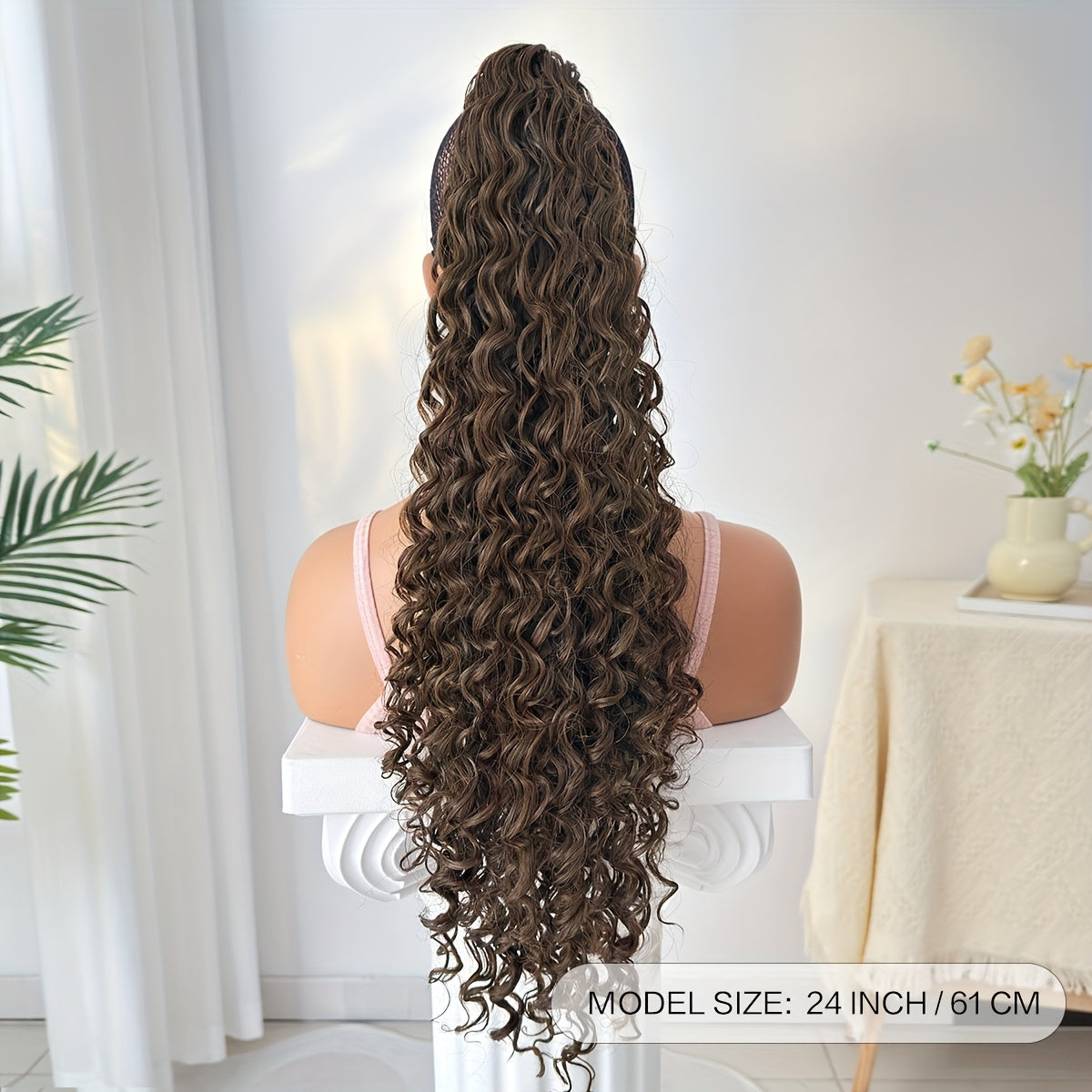 YUSULAXI 60.96cm Deep Wave Dark Brown Claw Clip Ponytail Extension - Heat-Resistant Synthetic Hair for Women, Long Curly Style, Perfect for Daily Use, Hair Accessories