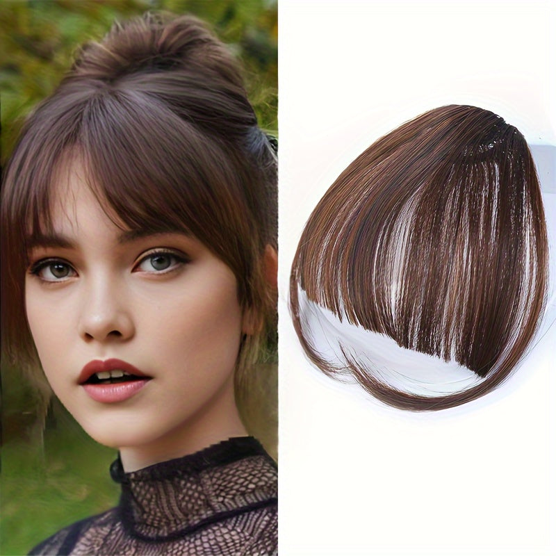Elegant Synthetic Hair Extensions with Sideburns: One-Piece Fringe, Clip-In Bangs, Dark Brown, Suitable for Daily Use - Women's Hair Accessories