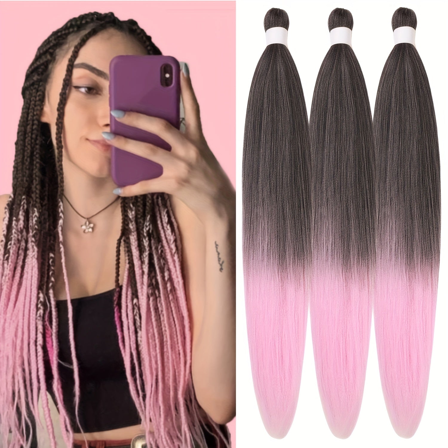 3pcs Pre Stretched Yaki Straight Low Temperature Fiber Synthetic Hair Colored Braiding Hair Extensions, 26 Inch, Basics Style, for Women