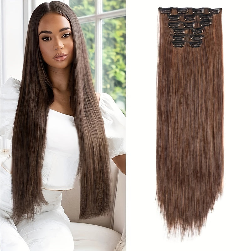 Synthetic 16 Clip Non-trace Hair Extensions Synthetic 24inch Long Straight Heat Resistant Fiber Hairpieces