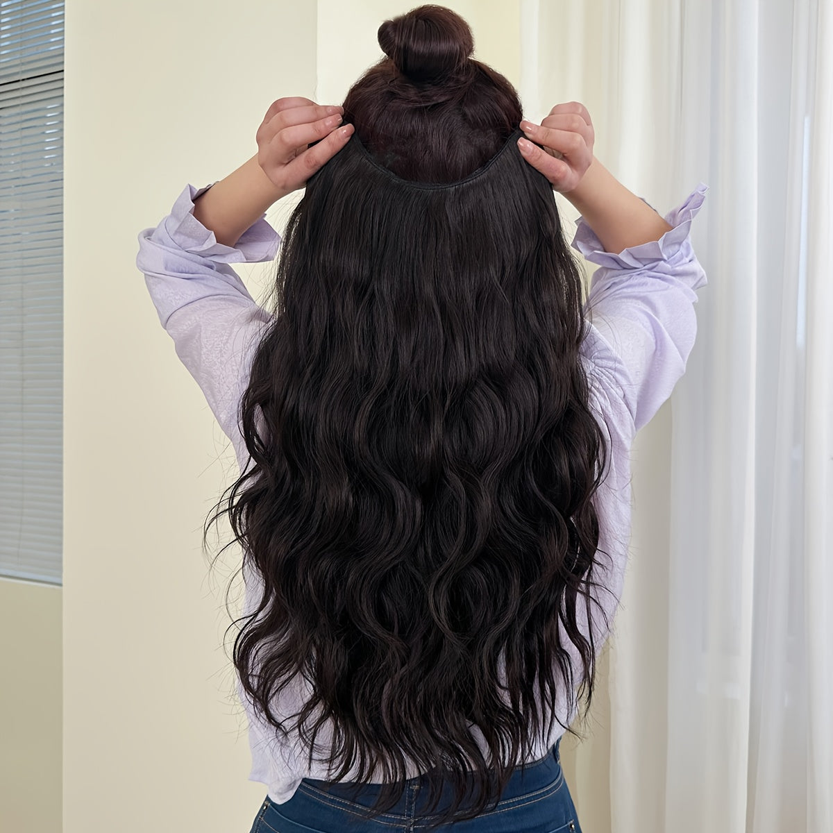 Clip-in Hair Extensions V-shaped Ombre Black Color 24 inch Long Water Wave Wavy Heat Resistant Fiber Synthetic Hairpiece for Women Girls Party Daily Use