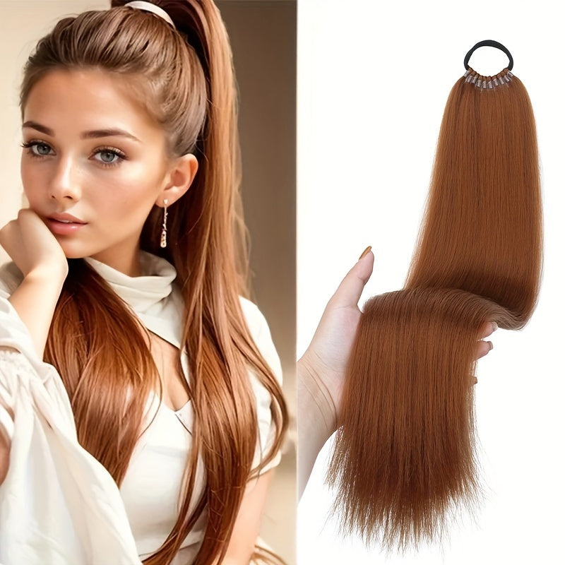 Women's Yaki Straight Synthetic Ponytail Extension with Elastic Hair Tie - Versatile Basic Style Long Ponytail for All Hair Types, Ideal for Daily Wear and Special Occasions