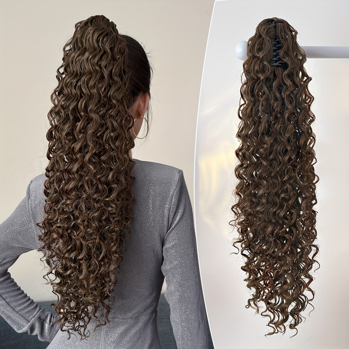 YUSULAXI 60.96cm Deep Wave Dark Brown Claw Clip Ponytail Extension - Heat-Resistant Synthetic Hair for Women, Long Curly Style, Perfect for Daily Use, Hair Accessories