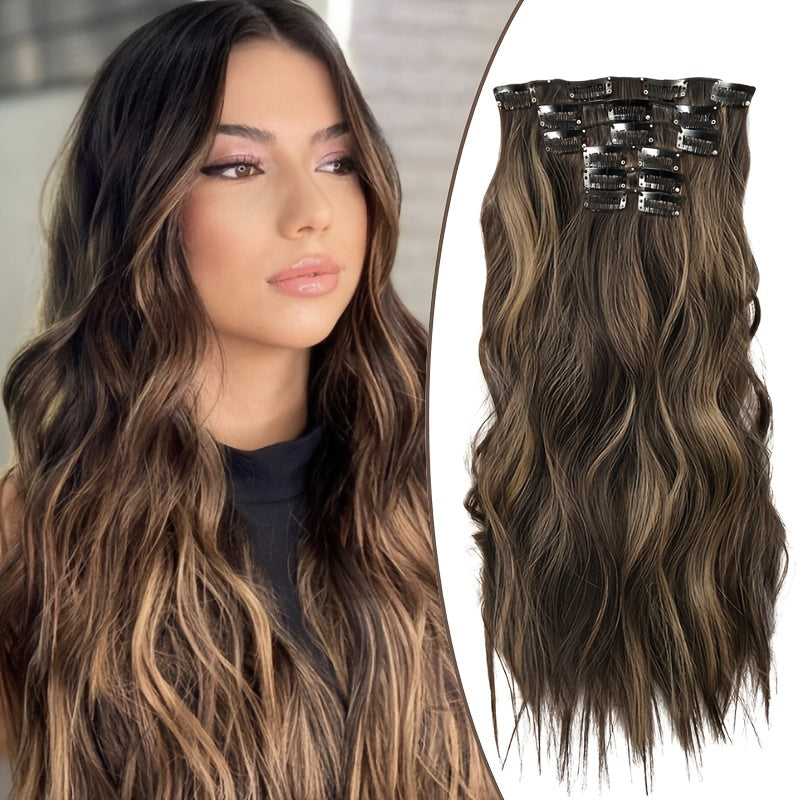 Heat Resistant Hair Extensions 50.8 cm Long Body Wave Ombre Color High Temperature Synthetic Fiber Clip in Hair Extensions 6pcs Set with 16 BB Clips for Women Daily Wear and Party