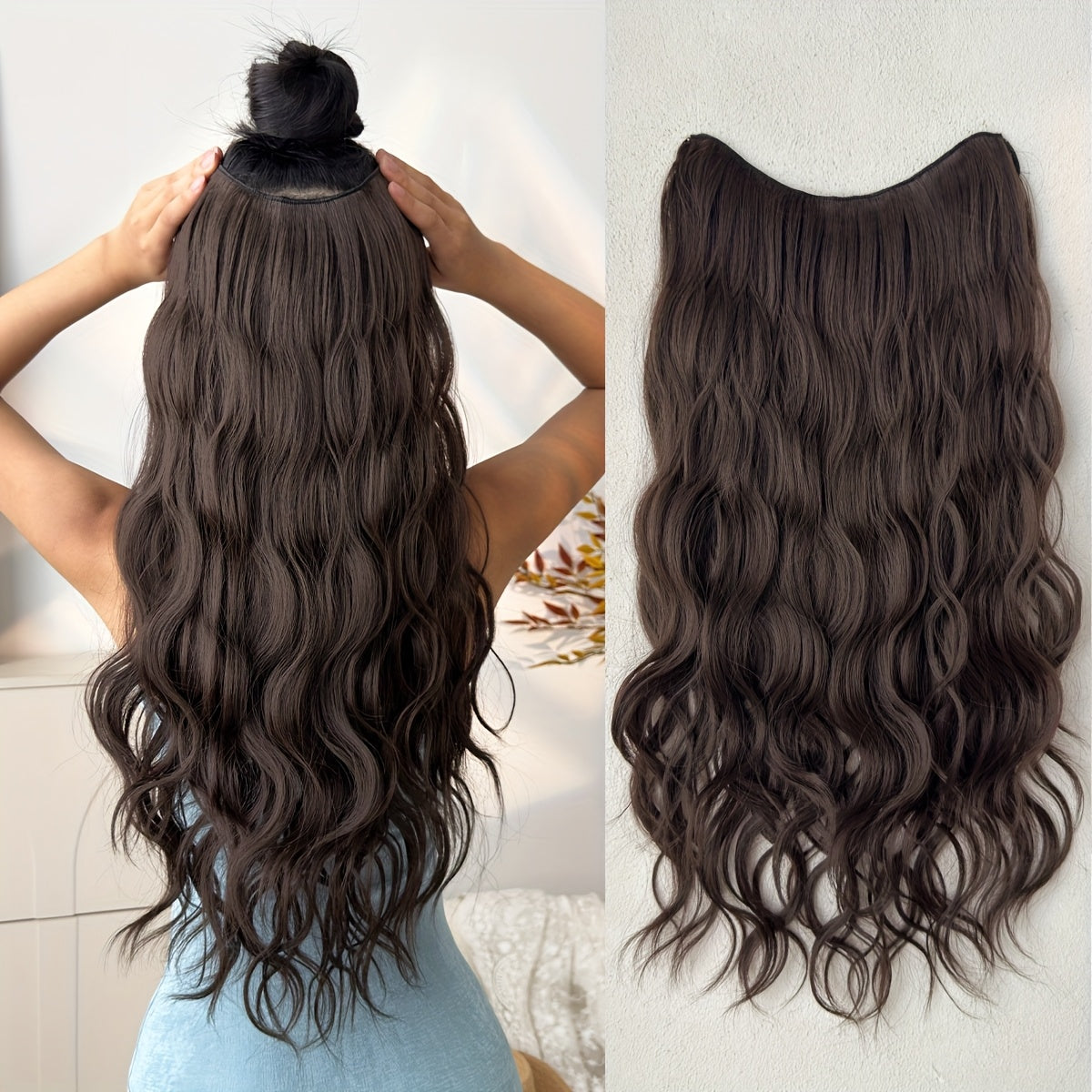 Clip-in Hair Extensions V-shaped Ombre Black Color 24 inch Long Water Wave Wavy Heat Resistant Fiber Synthetic Hairpiece for Women Girls Party Daily Use
