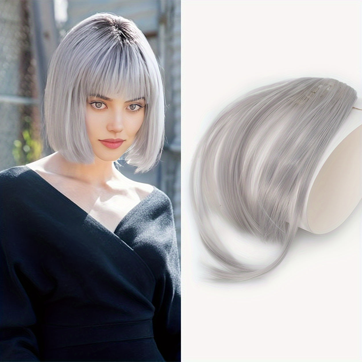 Elegant Synthetic Hair Extensions with Sideburns: One-Piece Fringe, Clip-In Bangs, Dark Brown, Suitable for Daily Use - Women's Hair Accessories
