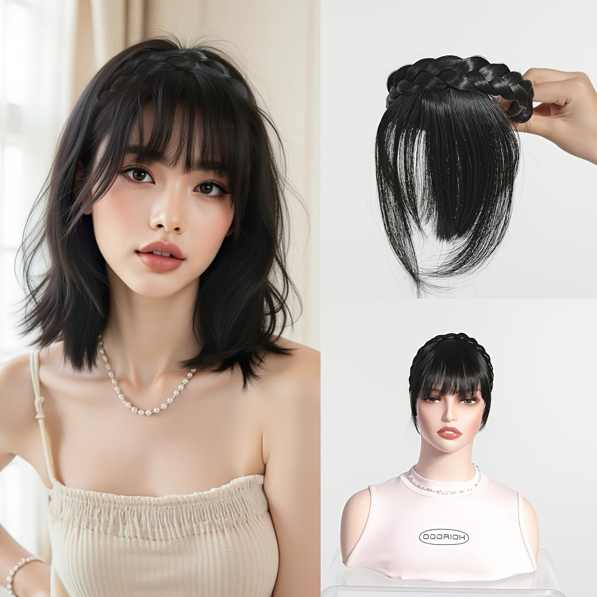 Elegant Synthetic Hair Braided Headband with Bangs - Straight Hair Extension for Women, Adjustable Hair Accessory for Styling and Volume, Hair Styling Tools, Secure Fit Design