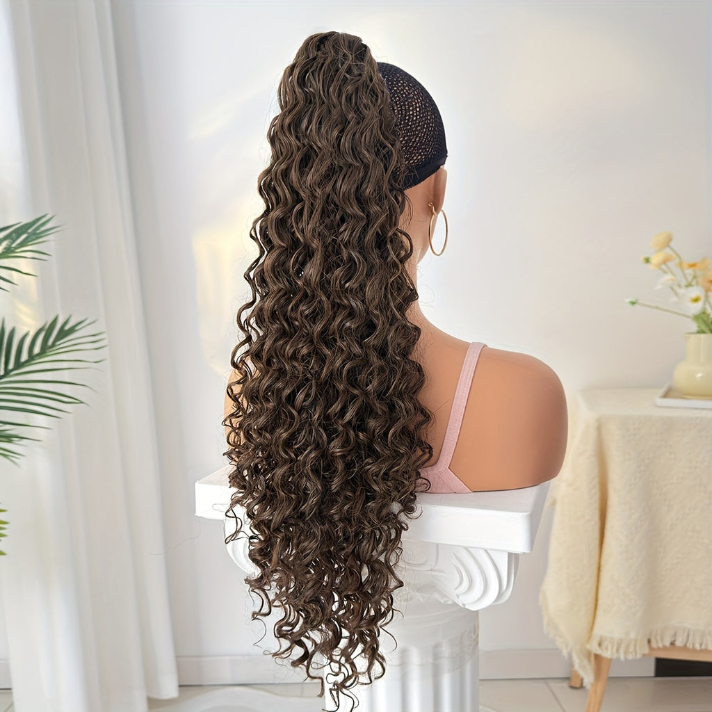 YUSULAXI 60.96cm Deep Wave Dark Brown Claw Clip Ponytail Extension - Heat-Resistant Synthetic Hair for Women, Long Curly Style, Perfect for Daily Use, Hair Accessories