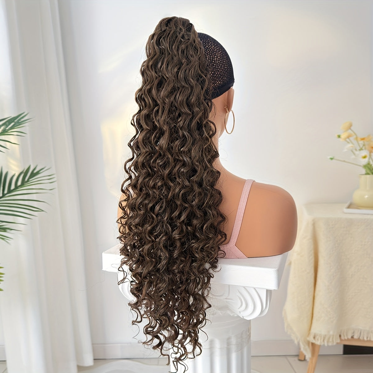 YUSULAXI 60.96cm Deep Wave Dark Brown Claw Clip Ponytail Extension - Heat-Resistant Synthetic Hair for Women, Long Curly Style, Perfect for Daily Use, Hair Accessories