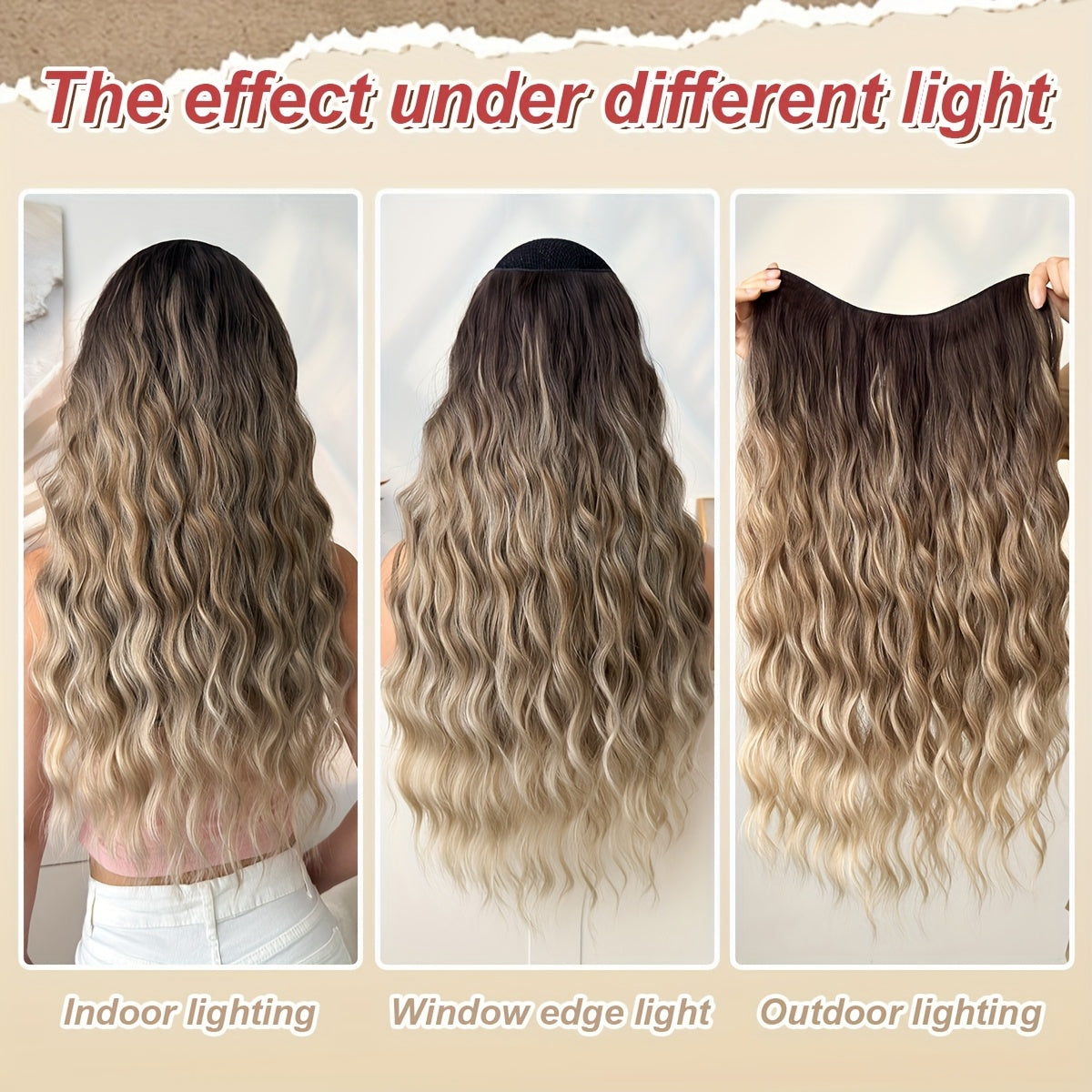 Clip-in Hair Extensions V-shaped Ombre Black Color 24 inch Long Water Wave Wavy Heat Resistant Fiber Synthetic Hairpiece for Women Girls Party Daily Use