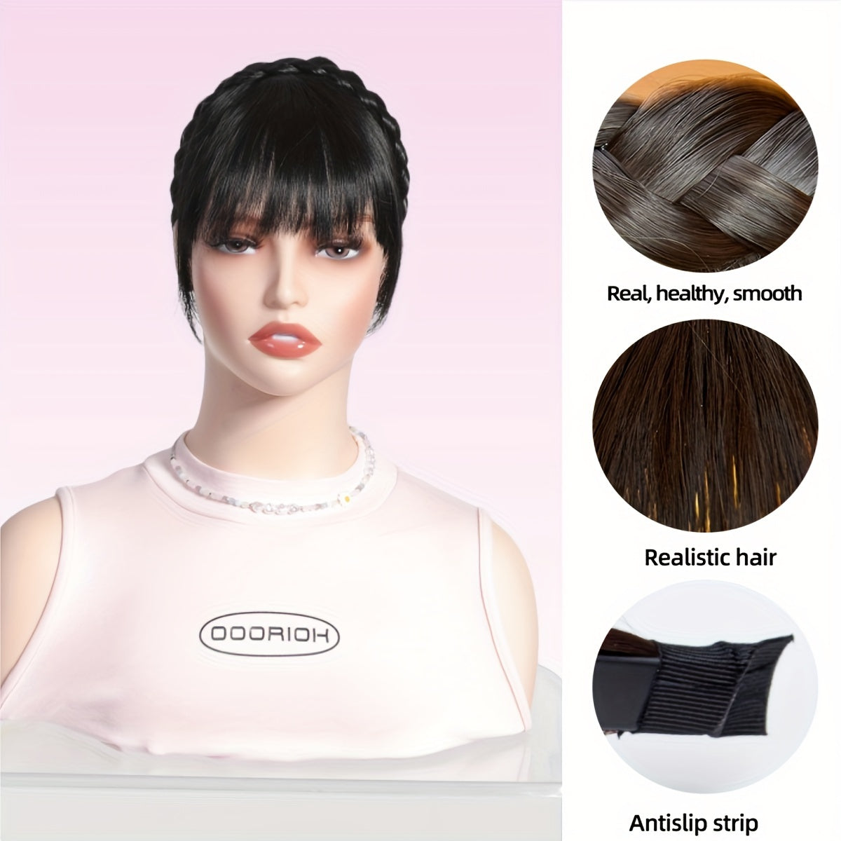 Elegant Synthetic Hair Braided Headband with Bangs - Straight Hair Extension for Women, Adjustable Hair Accessory for Styling and Volume, Hair Styling Tools, Secure Fit Design