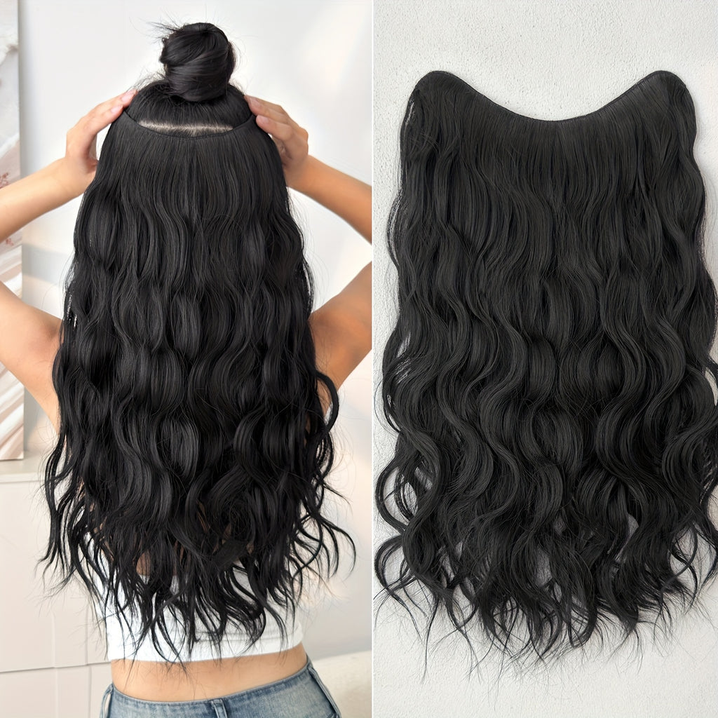 Clip-in Hair Extensions V-shaped Ombre Black Color 24 inch Long Water Wave Wavy Heat Resistant Fiber Synthetic Hairpiece for Women Girls Party Daily Use