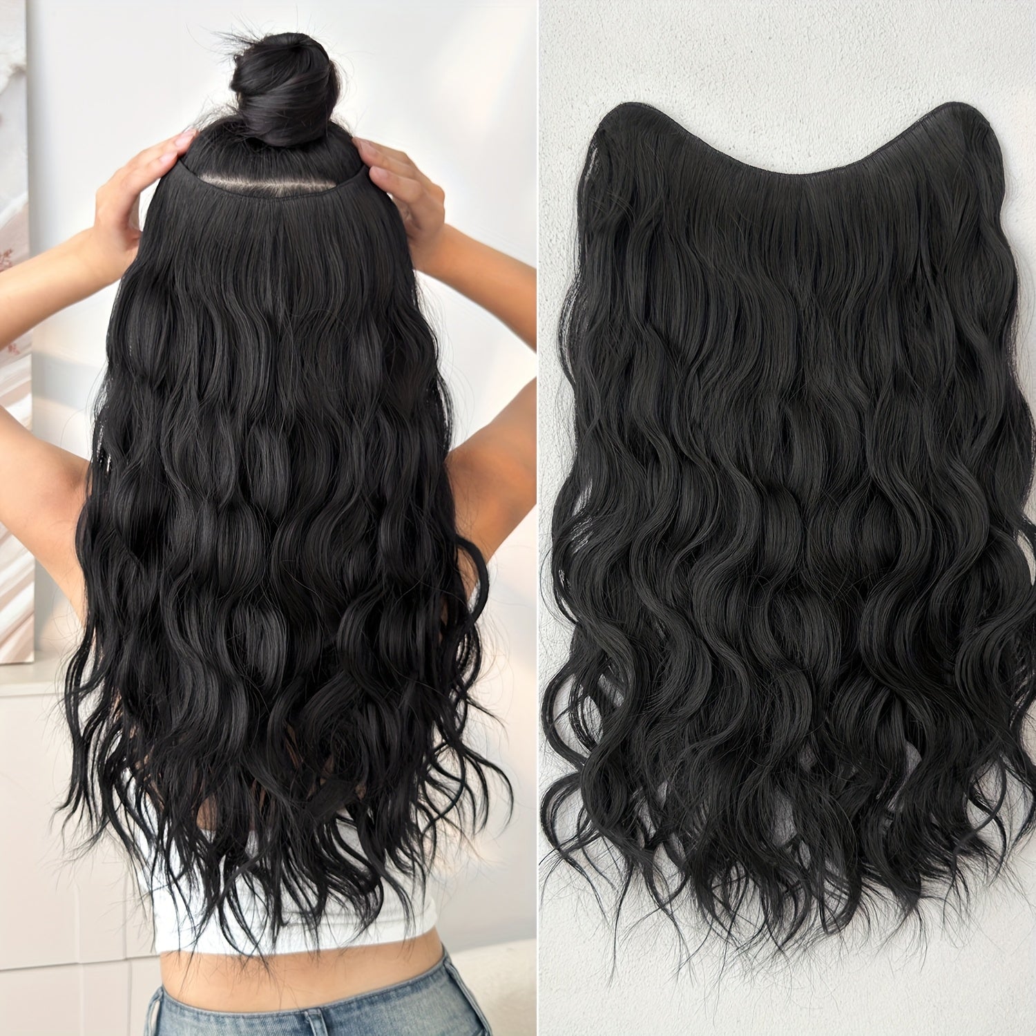Clip-in Hair Extensions V-shaped Ombre Black Color 24 inch Long Water Wave Wavy Heat Resistant Fiber Synthetic Hairpiece for Women Girls Party Daily Use