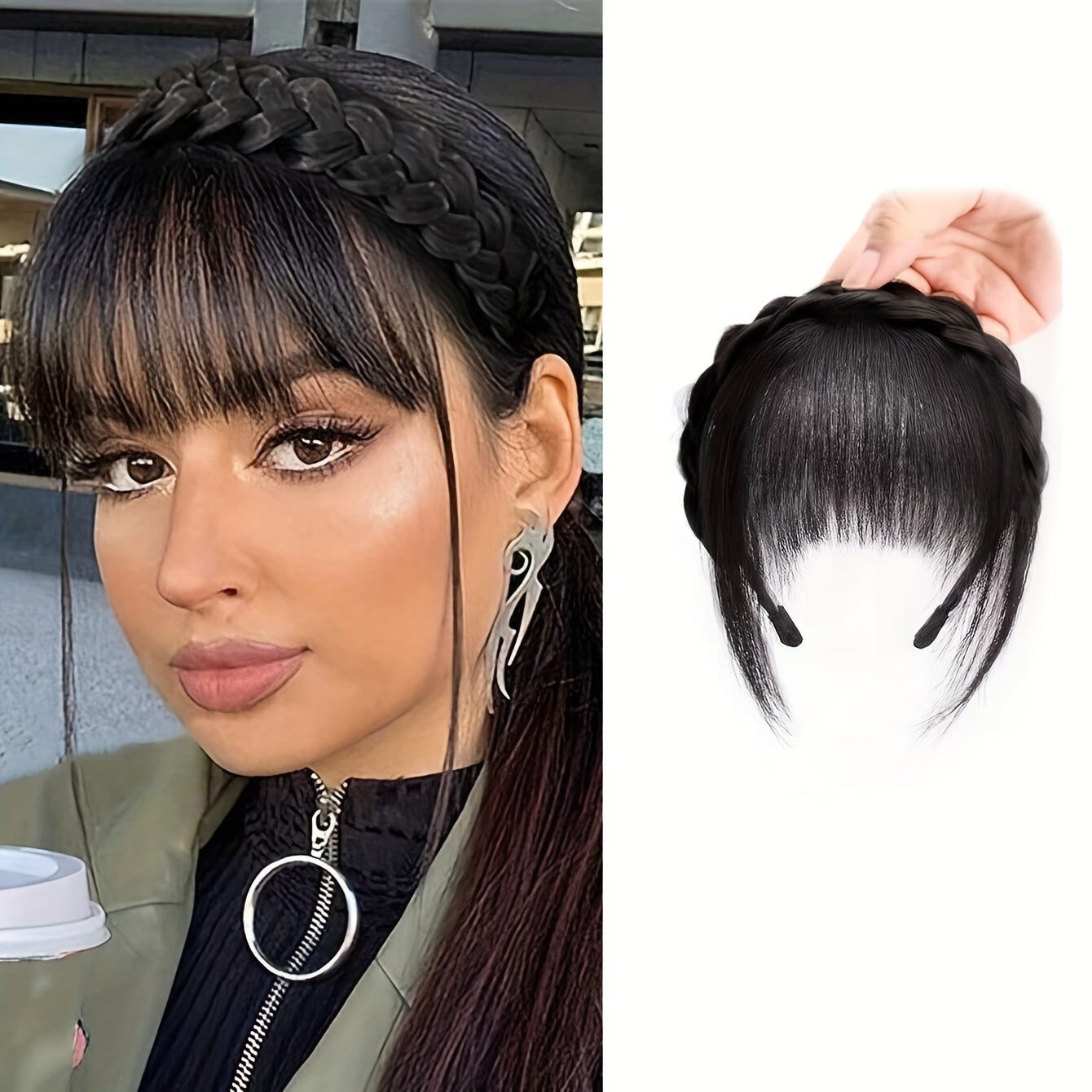 Elegant Braided Headband with Bangs for Women - Trendy Hair Extension Accessory, Perfect for Casual Attire