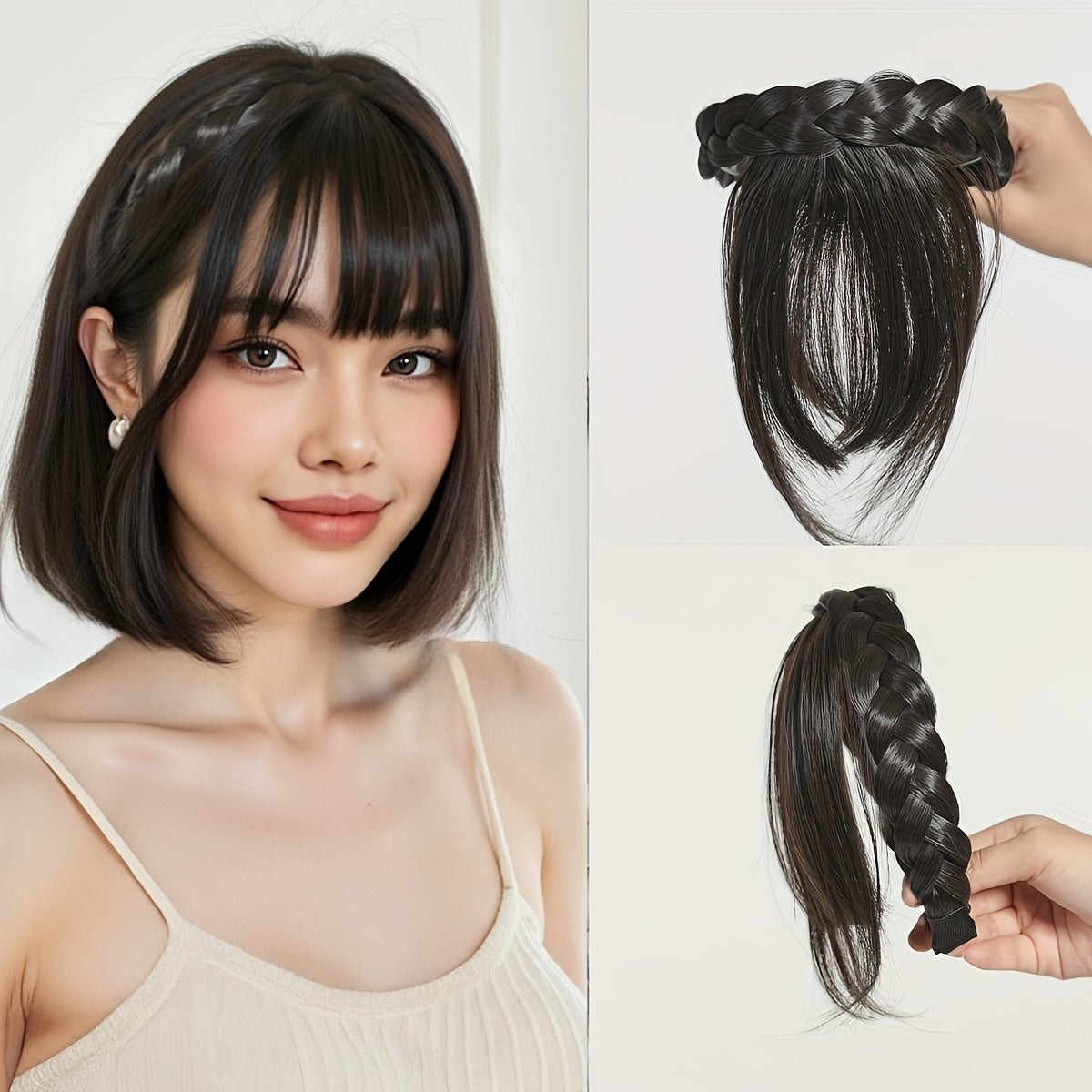 Elegant Synthetic Hair Braided Headband with Bangs - Straight Hair Extension for Women, Adjustable Hair Accessory for Styling and Volume, Hair Styling Tools, Secure Fit Design