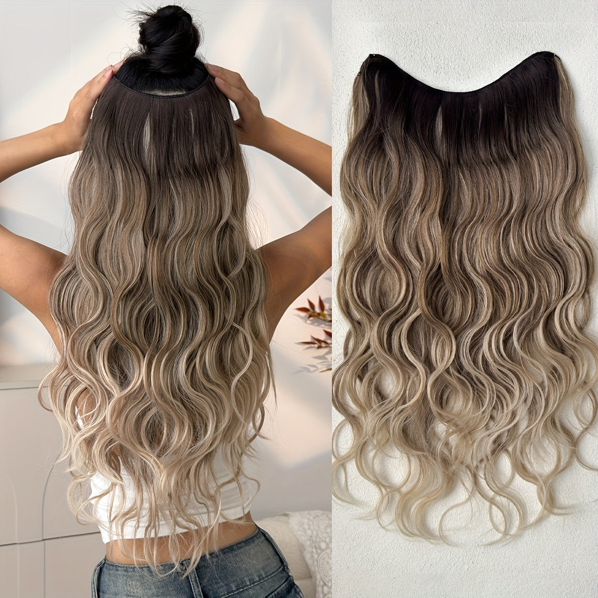Clip-in Hair Extensions V-shaped Ombre Black Color 24 inch Long Water Wave Wavy Heat Resistant Fiber Synthetic Hairpiece for Women Girls Party Daily Use